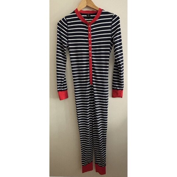 J Crew Union Suit Pajamas Striped Blue White Red Small One Piece Long John’s - Picture 2 of 11